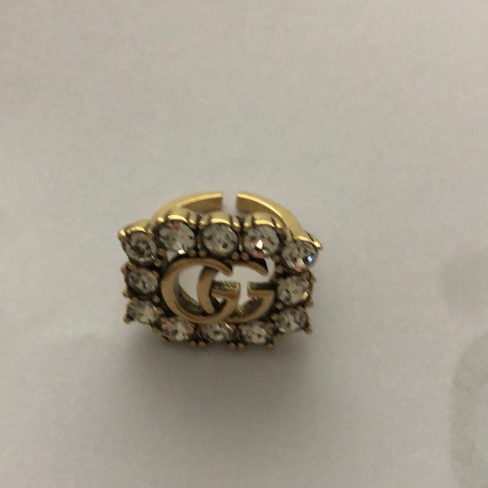 Gucci Double G Crystal Stone Aged Gold metal ring